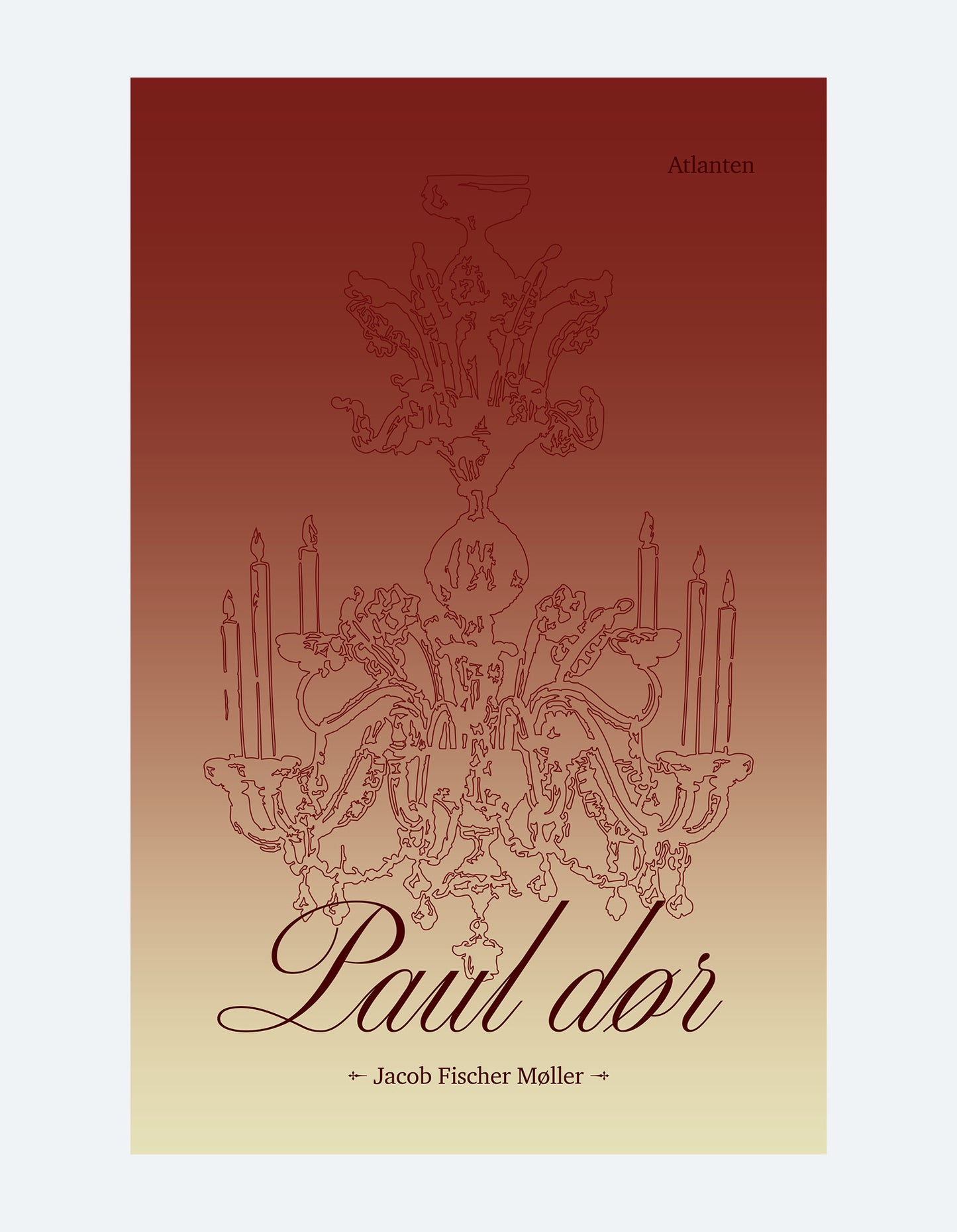 rødt og lysegult bogomslag med mørkerødt omrids af en lysekrone