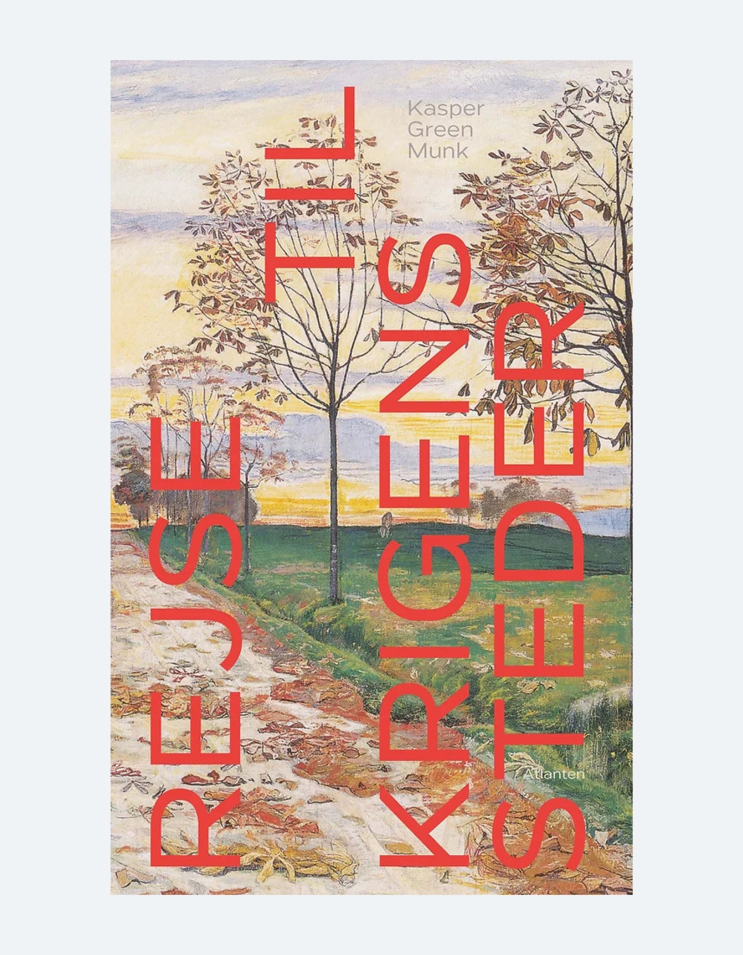 rød tekst foran en efterårstegning af en sti og en græsplæne og træer med brune blade