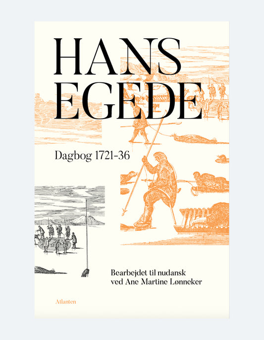 sorte og orange illustrationer af grønlandske fiskere, der fisker på isen i skindtøj